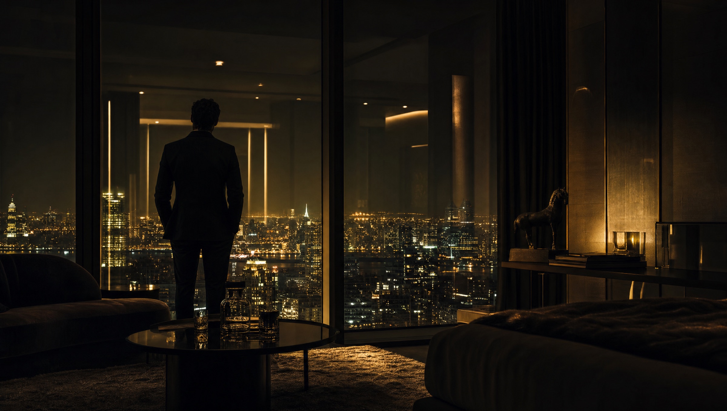 Blick aus einer Hotelsuite bei Nacht über eine Metropole