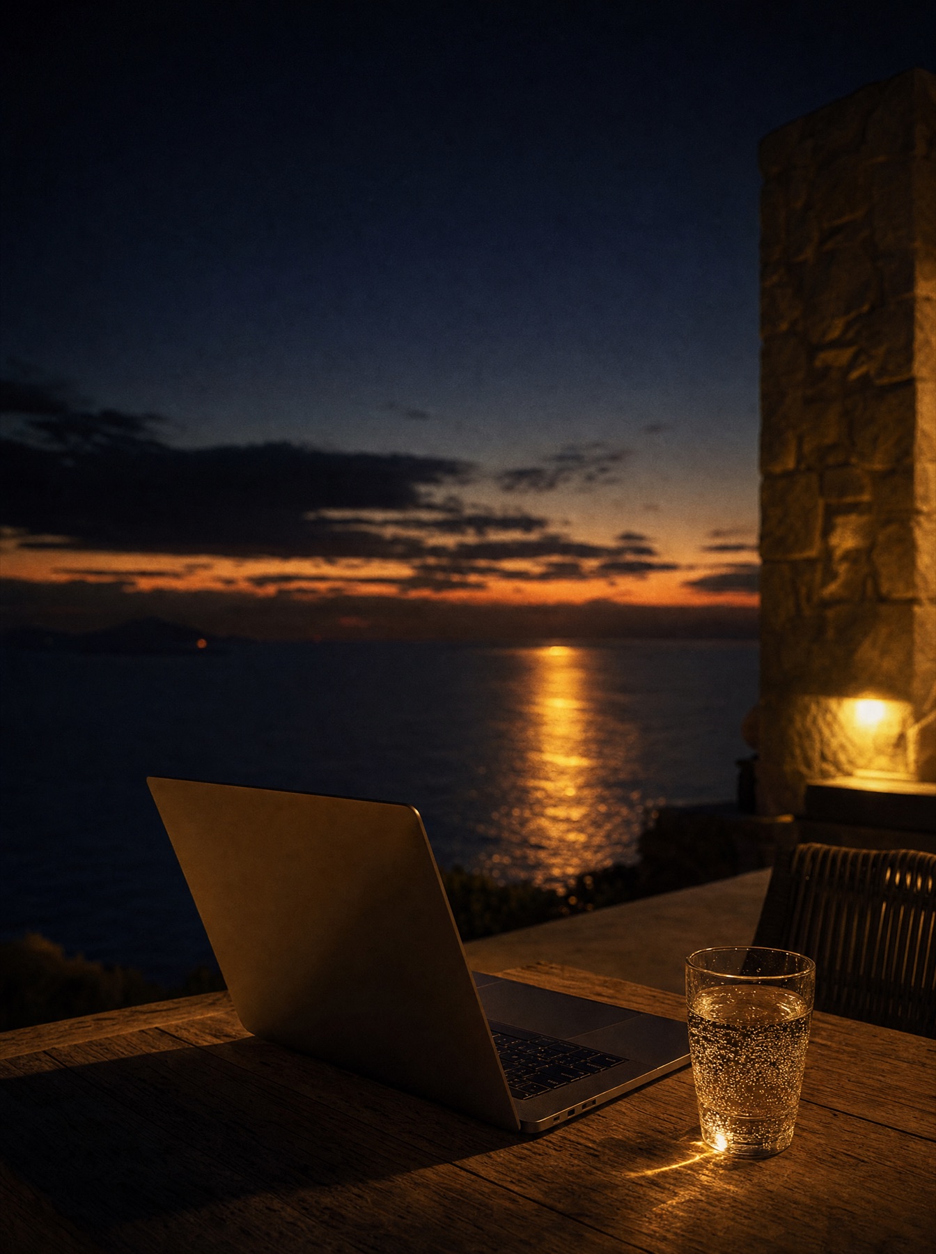 Arbeitsplatz mit Laptop auf einer Terrasse über dem Ozean in der Dämmerung